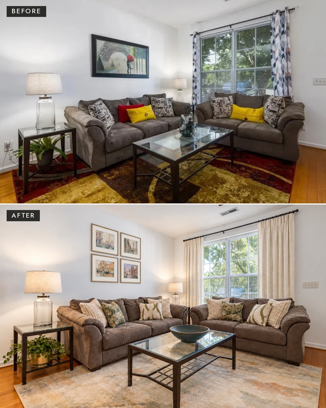 Before and after: living room redesigned by Magazine Worthy using the homeowner's existing sofas