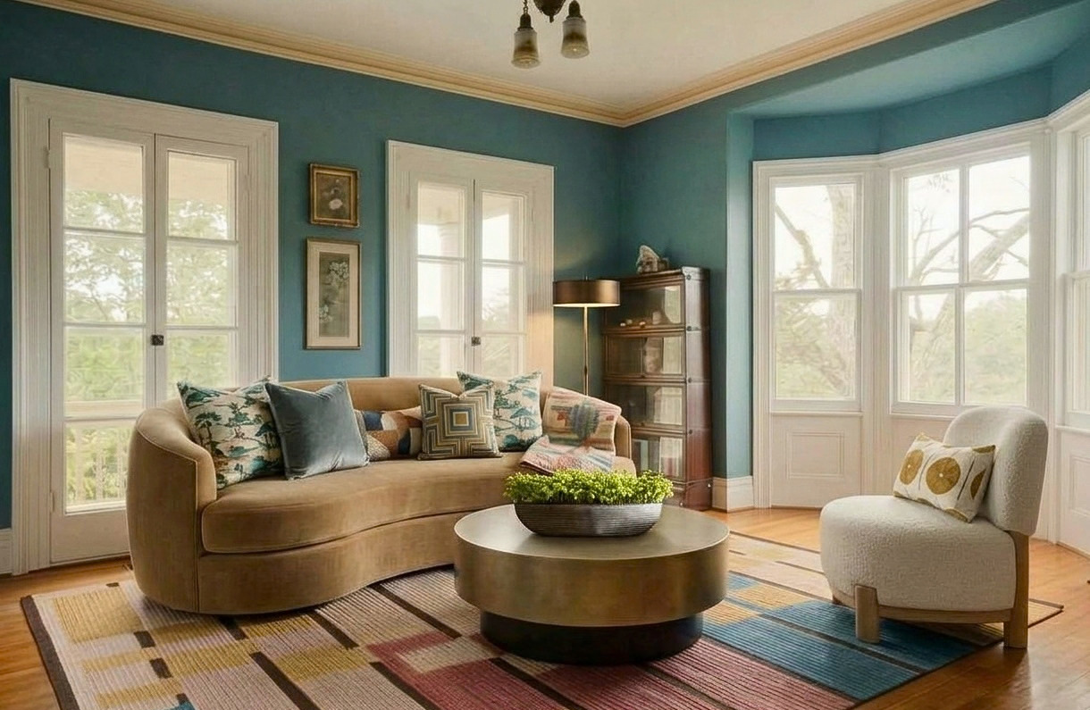 Living room with bay window after