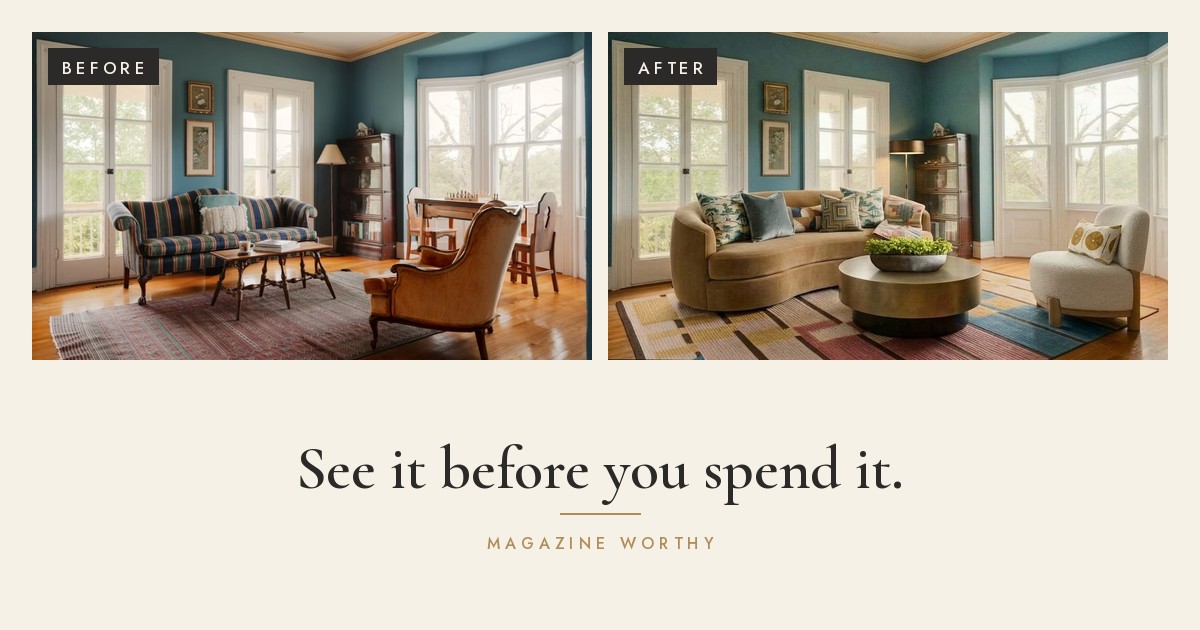Before and after of a blue living room with a bay window. A striped sofa and a game table crowd the room before; after, a curved camel sofa, round brass coffee table and cleared bay window open it up.